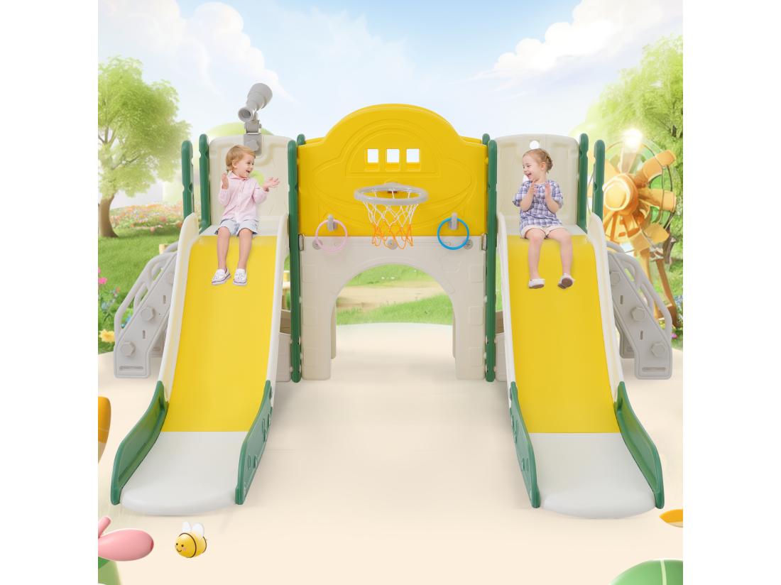 Vente Unique Aire De Jeux Pour Enfants 8 En 1 Avec Toboggan Mur D'escalade Jeu De Trous De Forage Vert
