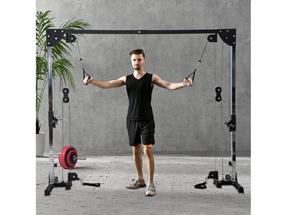 Vente Unique Appareil De Musculation Double Poulie Vis à Vis Crossover - Charge Libre Avec Haltère 2 X 50 Kg - Acier Gris Noir