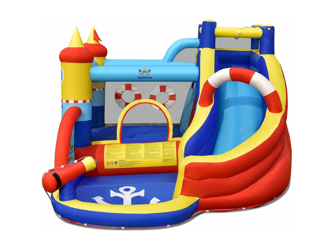 Vente Unique Aquatique Gonflable 6 En 1 Avec Toboggan Incurvé Piscine à Eclaboussures Jeu Cible Et Canon à Eau Pour Enfants 3-10 Ans（sans Gonfleur)