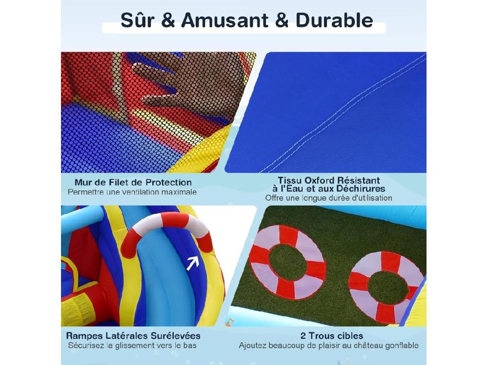 Vente Unique Aquatique Gonflable 6 En 1 Avec Toboggan Incurvé Piscine à Eclaboussures Jeu Cible Et Canon à Eau Pour Enfants 3-10 Ans（sans Gonfleur)