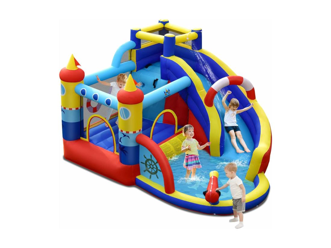 vente unique Aquatique Gonflable 6 en 1 avec Toboggan Incurvé Piscine à Eclaboussures Jeu Cible et Canon à Eau pour Enfants 3-10 ans（sans Gonfleur)