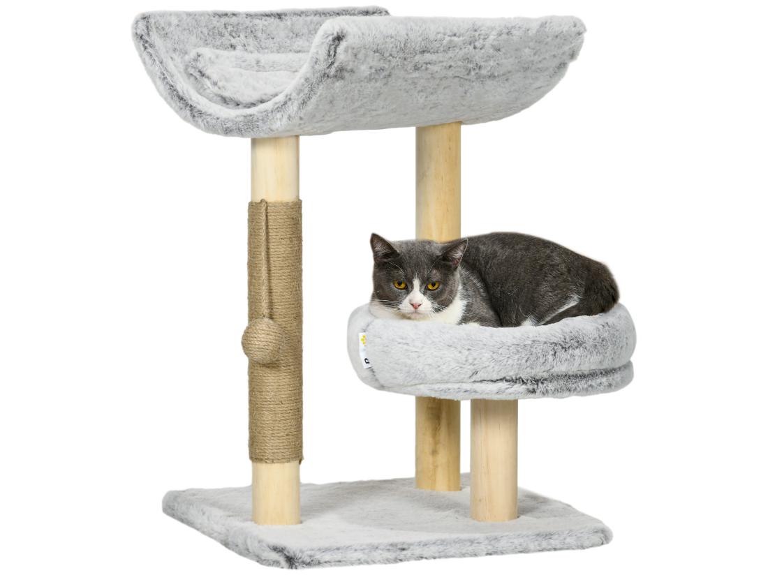 Vente Unique Arbre à Chat Griffoir Chanvre Naturel Panier Plateforme D'observation Jeu Boule Suspendue Bois Panneaux Peluche Gris