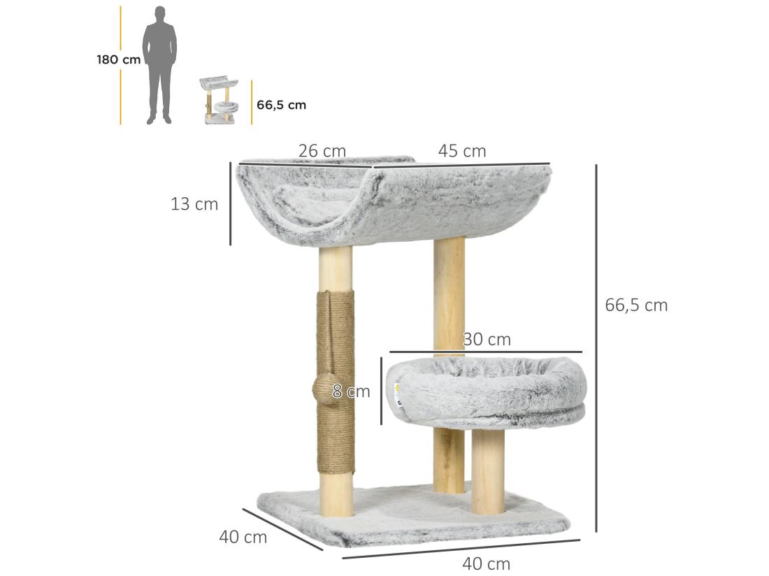 Vente Unique Arbre à Chat Griffoir Chanvre Naturel Panier Plateforme D'observation Jeu Boule Suspendue Bois Panneaux Peluche Gris