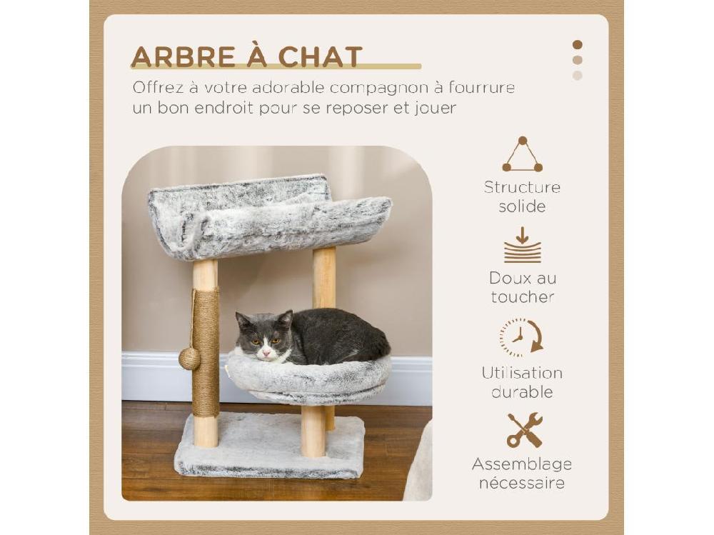 Vente Unique Arbre à Chat Griffoir Chanvre Naturel Panier Plateforme D'observation Jeu Boule Suspendue Bois Panneaux Peluche Gris