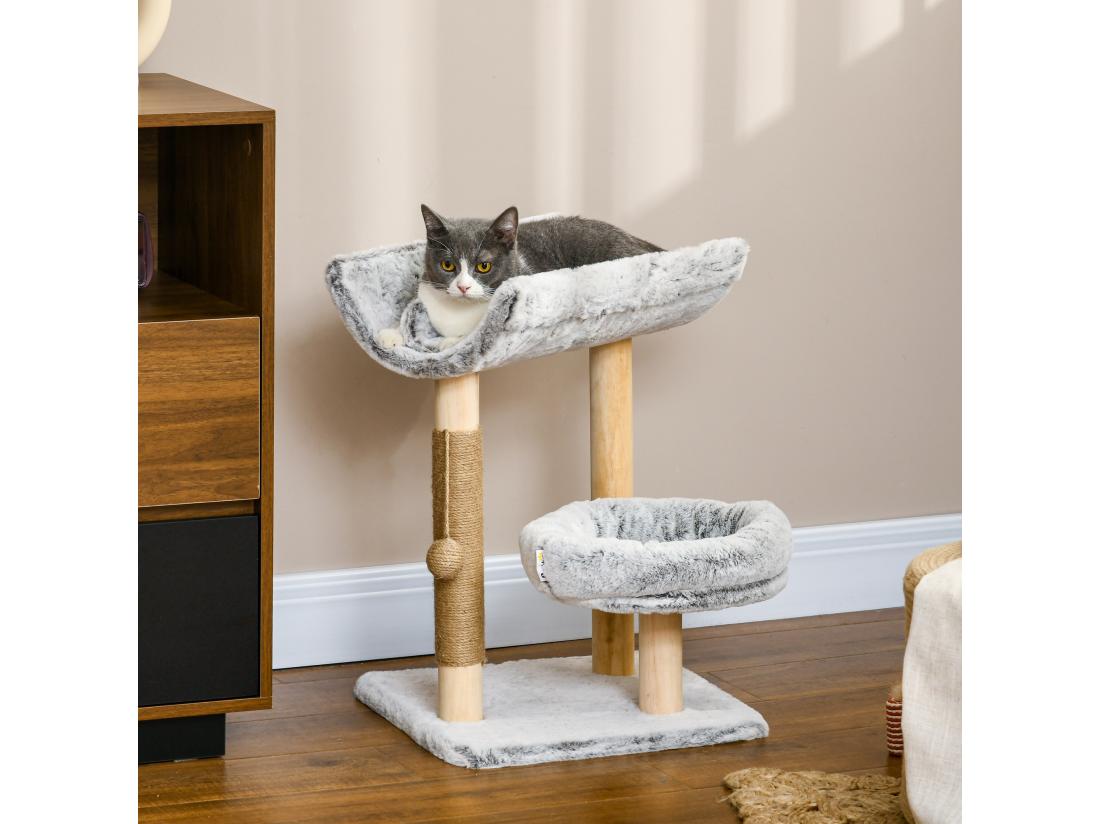 vente unique Arbre à chat griffoir chanvre naturel panier plateforme d'observation jeu boule suspendue bois panneaux peluche gris