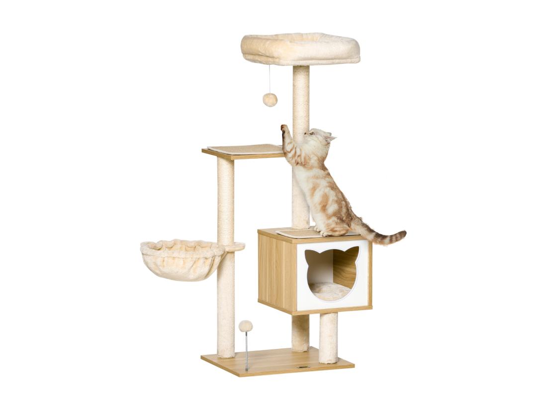 Vente Unique Arbre à Chat Multi-équipement Griffoirs Grattoirs Niche Hamac Panier Coussins Amovibles H126 Cm Peluche Courte Sisal Naturel Beige