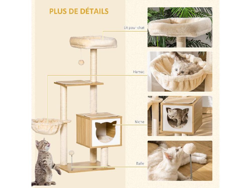 Vente Unique Arbre à Chat Multi-équipement Griffoirs Grattoirs Niche Hamac Panier Coussins Amovibles H126 Cm Peluche Courte Sisal Naturel Beige