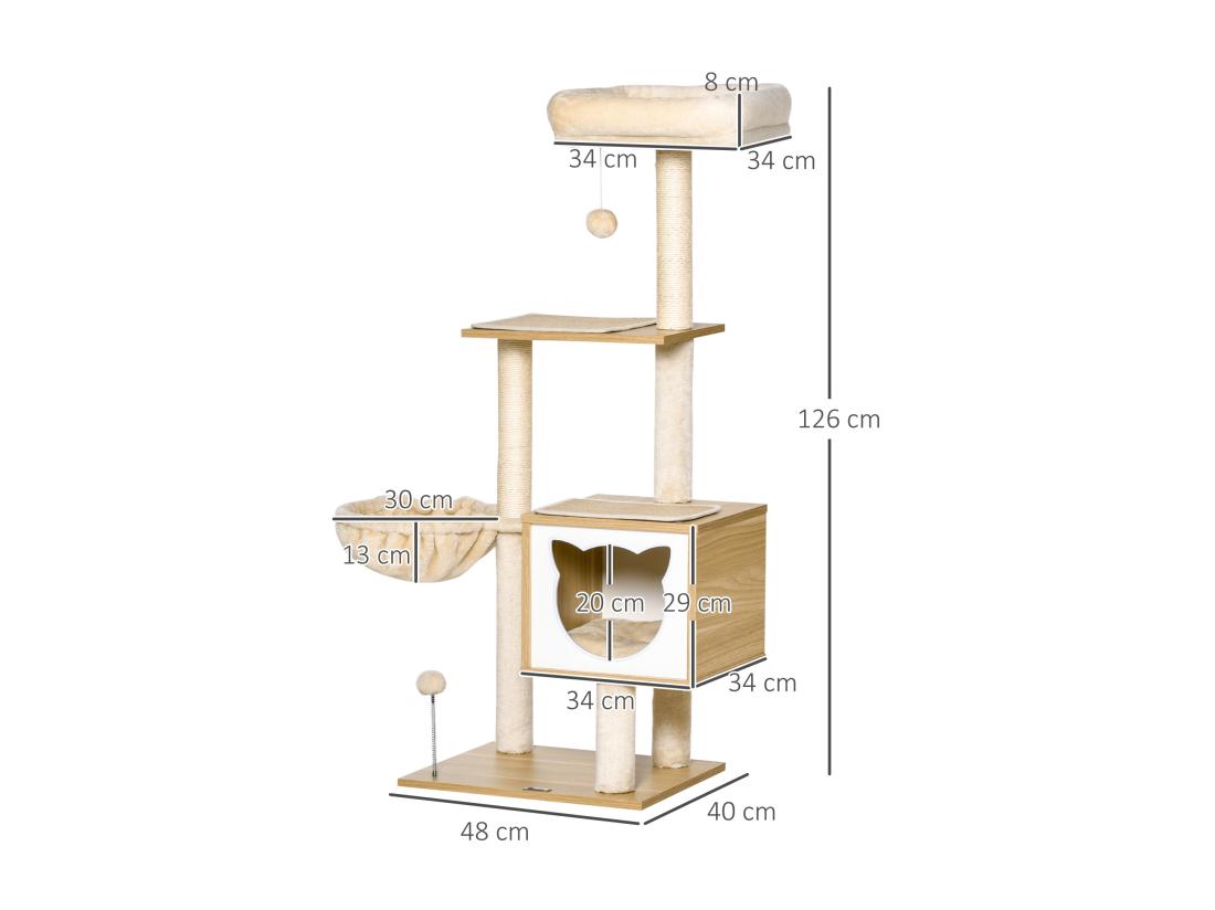 Vente Unique Arbre à Chat Multi-équipement Griffoirs Grattoirs Niche Hamac Panier Coussins Amovibles H126 Cm Peluche Courte Sisal Naturel Beige