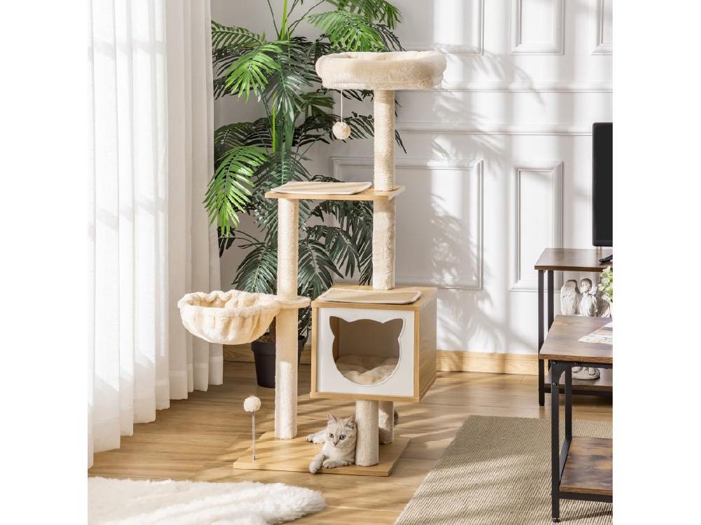 Vente Unique Arbre à Chat Multi-équipement Griffoirs Grattoirs Niche Hamac Panier Coussins Amovibles H126 Cm Peluche Courte Sisal Naturel Beige