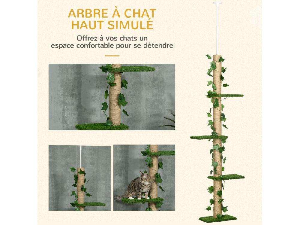Vente Unique Arbre à Chat Poteau à Griffer Design Hauteur Réglable Dim. 37L X 21l X 202- 242H Cm 4 Niveaux Beige Vert