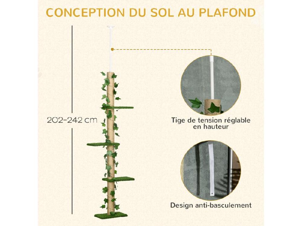 Vente Unique Arbre à Chat Poteau à Griffer Design Hauteur Réglable Dim. 37L X 21l X 202- 242H Cm 4 Niveaux Beige Vert