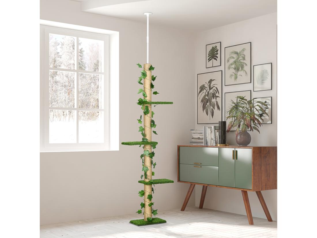 vente unique Arbre à chat poteau à griffer design hauteur réglable dim. 37L x 21l x 202- 242H cm 4 niveaux beige vert