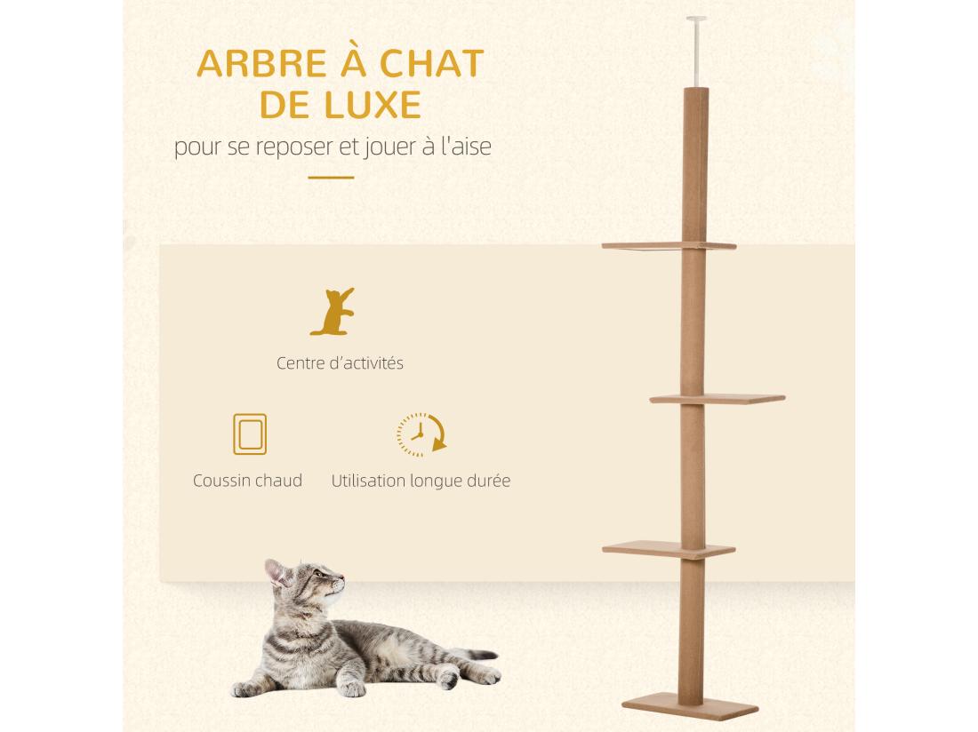 Vente Unique Arbre à Chat Poteau à Griffer Hauteur Réglable Dim. 43L X 27I X 228-260H Cm 4 Niveaux D'activités Marron