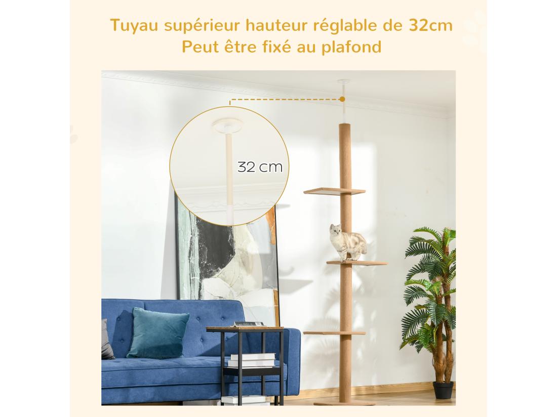 Vente Unique Arbre à Chat Poteau à Griffer Hauteur Réglable Dim. 43L X 27I X 228-260H Cm 4 Niveaux D'activités Marron