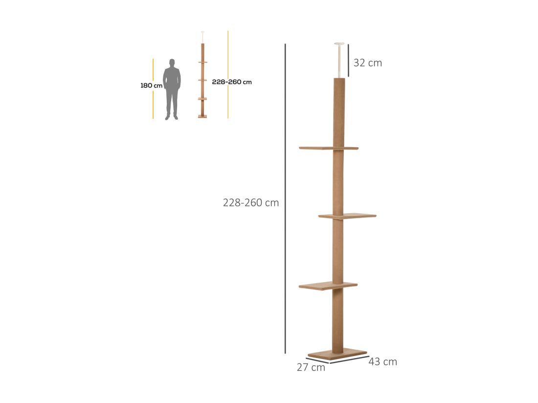 Vente Unique Arbre à Chat Poteau à Griffer Hauteur Réglable Dim. 43L X 27I X 228-260H Cm 4 Niveaux D'activités Marron