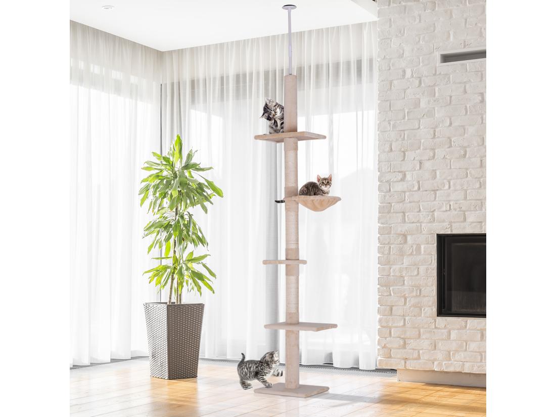 Vente Unique Arbre à Chat Poteau à Griffer L40 X L 34 X H 230-260 Cm 5 Niveaux D'activités Beige