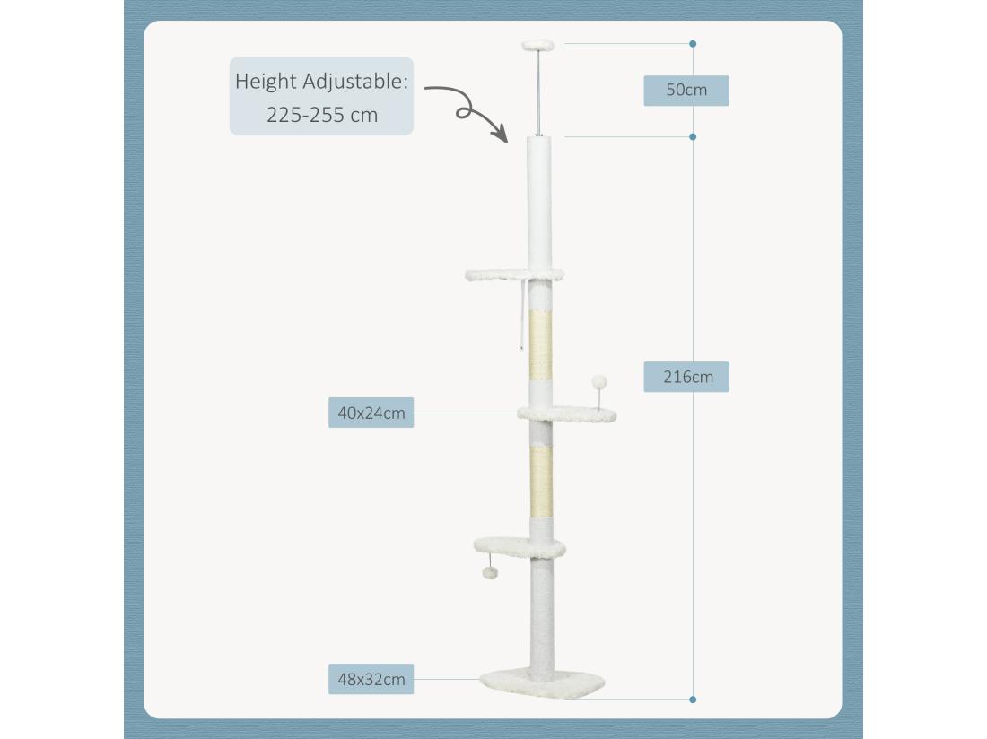 Vente Unique Arbre à Chat Réglable En Hauteur 225-255 Cm - Tour Pour Chat 3 Griffoirs Nuages 2 Balles - Blanc
