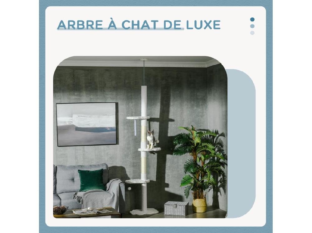 Vente Unique Arbre à Chat Réglable En Hauteur 225-255 Cm - Tour Pour Chat 3 Griffoirs Nuages 2 Balles - Blanc