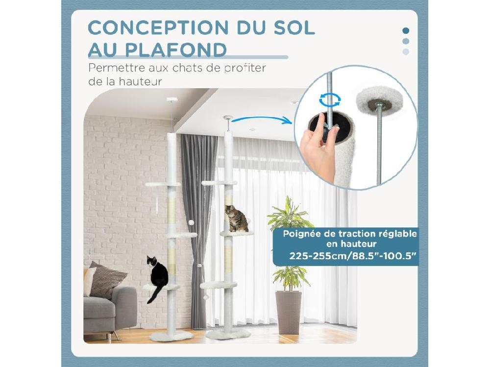Vente Unique Arbre à Chat Réglable En Hauteur 225-255 Cm - Tour Pour Chat 3 Griffoirs Nuages 2 Balles - Blanc