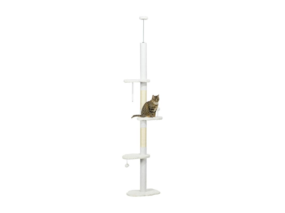 vente unique Arbre à chat réglable en hauteur 225-255 cm - tour pour chat 3 griffoirs nuages 2 balles - blanc