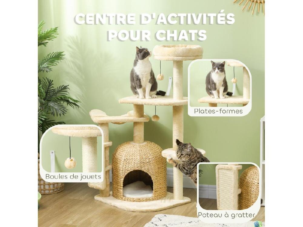 Vente Unique Arbre à Chat Style Cosy Chic - Grande Niche Coussin Griffoir Grattoir Hamac Plateformes Boules - Beige