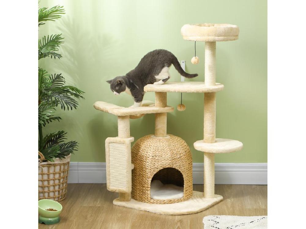 Vente Unique Arbre à Chat Style Cosy Chic - Grande Niche Coussin Griffoir Grattoir Hamac Plateformes Boules - Beige