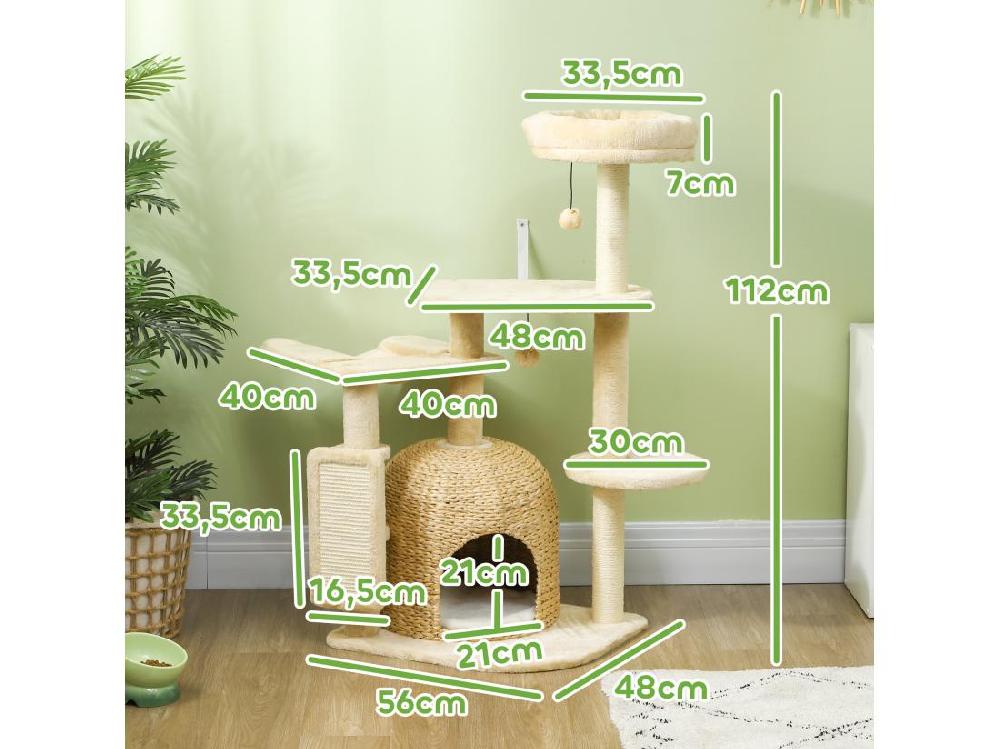 Vente Unique Arbre à Chat Style Cosy Chic - Grande Niche Coussin Griffoir Grattoir Hamac Plateformes Boules - Beige