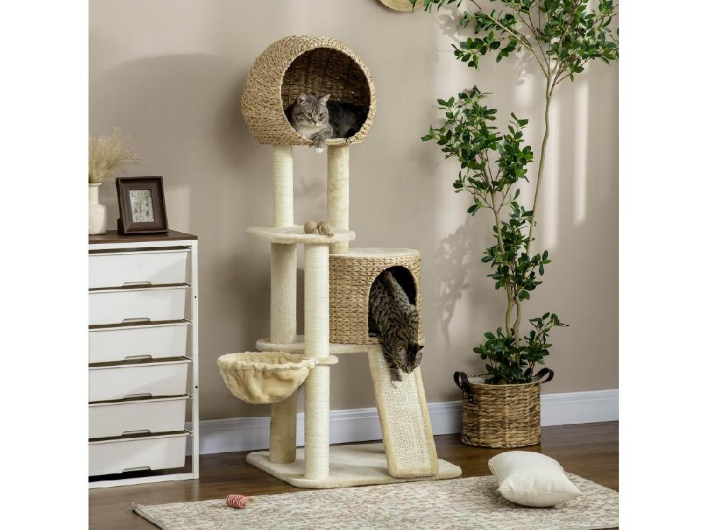 Vente Unique Arbre à Chat Style Cosy Chic Griffoirs Grattoir Sisal 2 Grandes Niches Plateforme Hamac Peluche Courte Beige Jacinthe D'eau