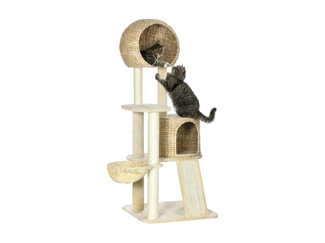 Vente Unique Arbre à Chat Style Cosy Chic Griffoirs Grattoir Sisal 2 Grandes Niches Plateforme Hamac Peluche Courte Beige Jacinthe D'eau