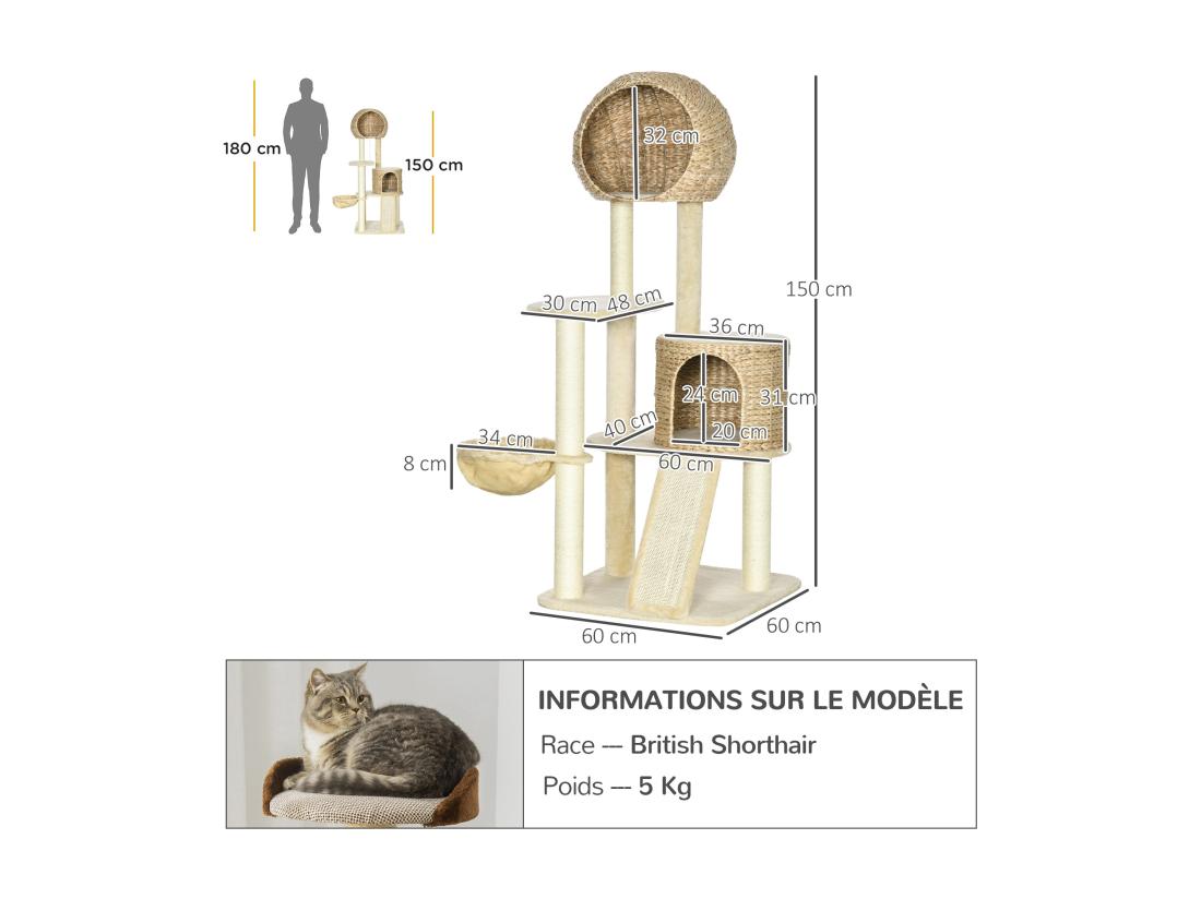 Vente Unique Arbre à Chat Style Cosy Chic Griffoirs Grattoir Sisal 2 Grandes Niches Plateforme Hamac Peluche Courte Beige Jacinthe D'eau