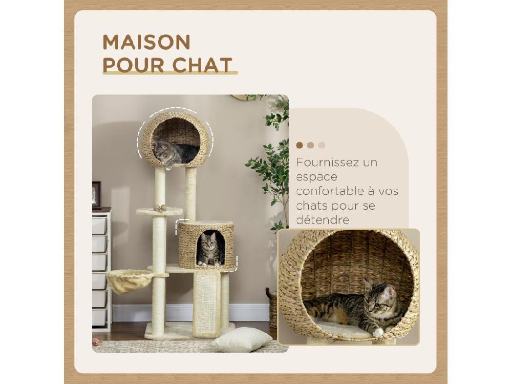 vente unique Arbre à chat style cosy chic griffoirs grattoir sisal 2 grandes niches plateforme hamac peluche courte beige jacinthe d'eau