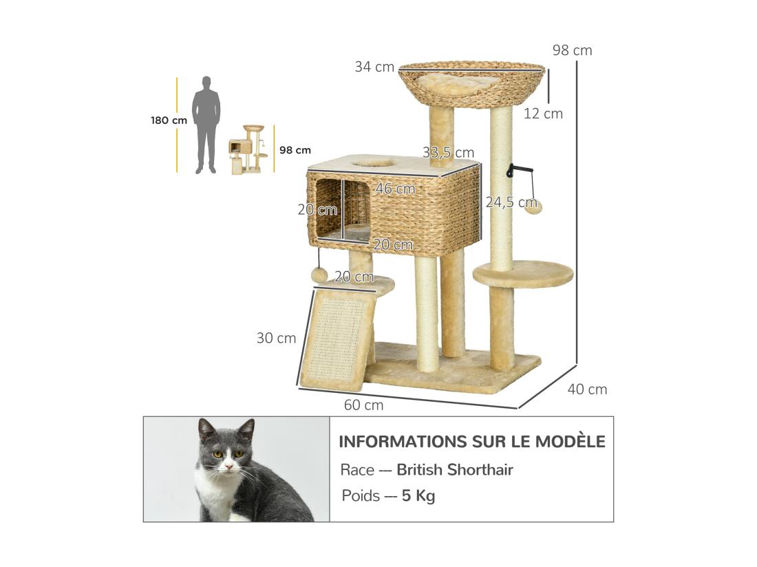 Vente Unique Arbre à Chat Style Cosy Chic Griffoirs Sisal Naturel équipement Multiple Peluche Jacinthe D'eau Beige