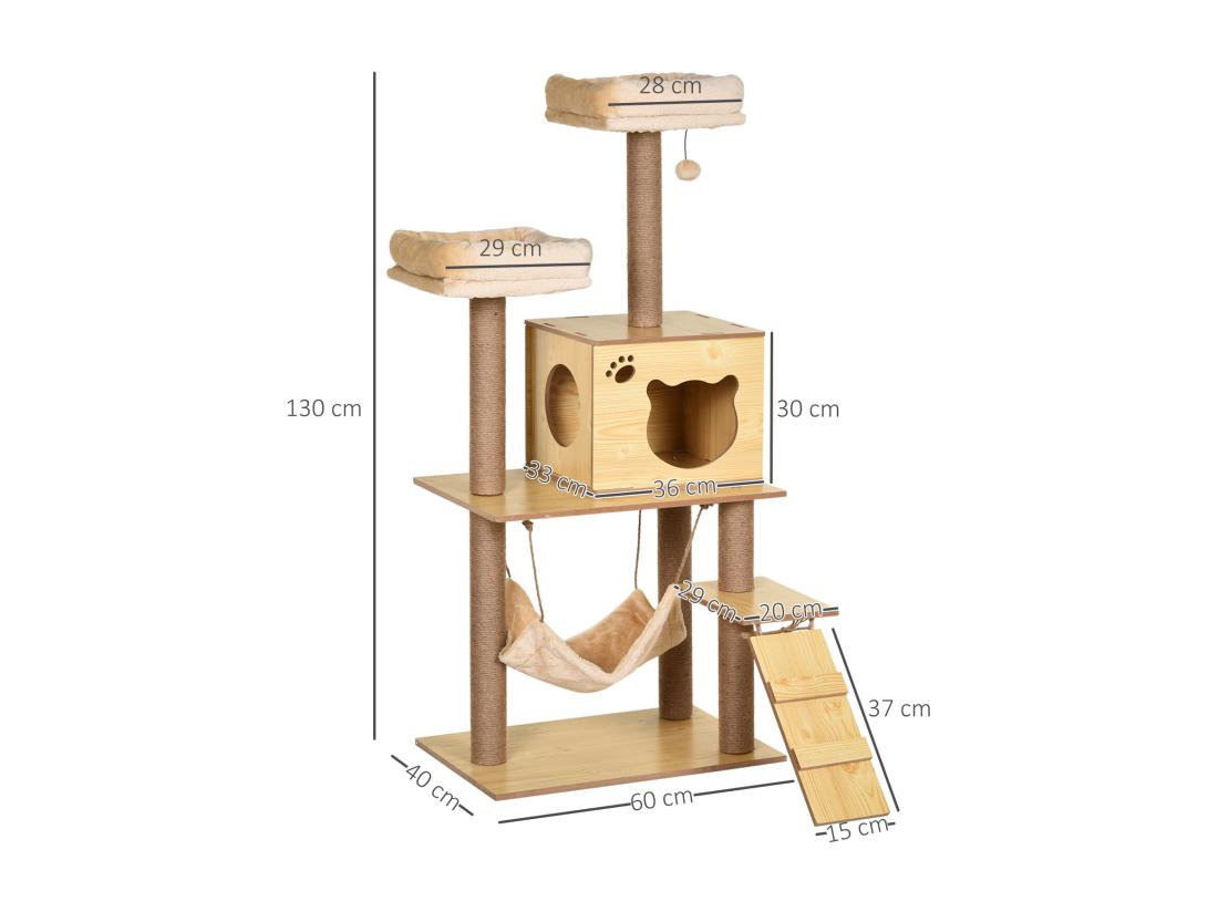 Vente Unique Arbre à Chats Design Contemporain Griffoirs Grattoirs Sisal Naturel Niche Plate-formes Hamac Boule Panneaux Particules Beige