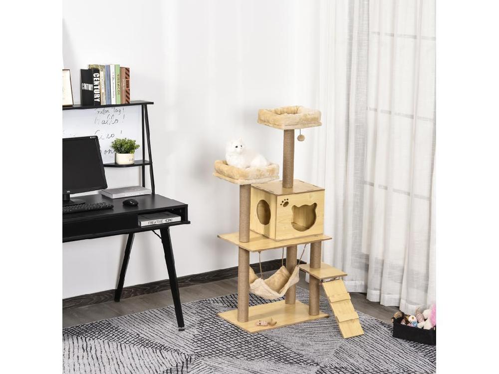 Vente Unique Arbre à Chats Design Contemporain Griffoirs Grattoirs Sisal Naturel Niche Plate-formes Hamac Boule Panneaux Particules Beige