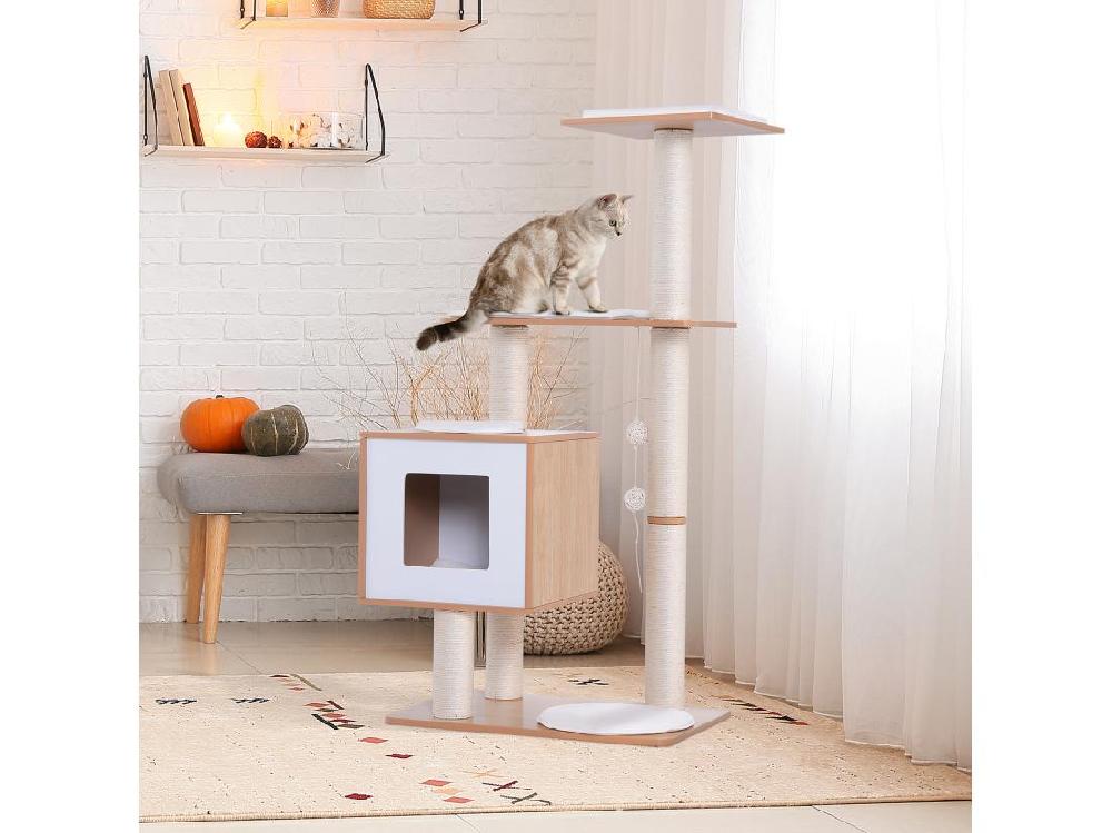 Vente Unique Arbre à Chats Design Contemporain Griffoirs Grattoirs Sisal Naturel Centre D'activités Niche Plate-formes Jeu Boules Suspendues 71L X 49l X 120H Cm MDF Hêtre Clair