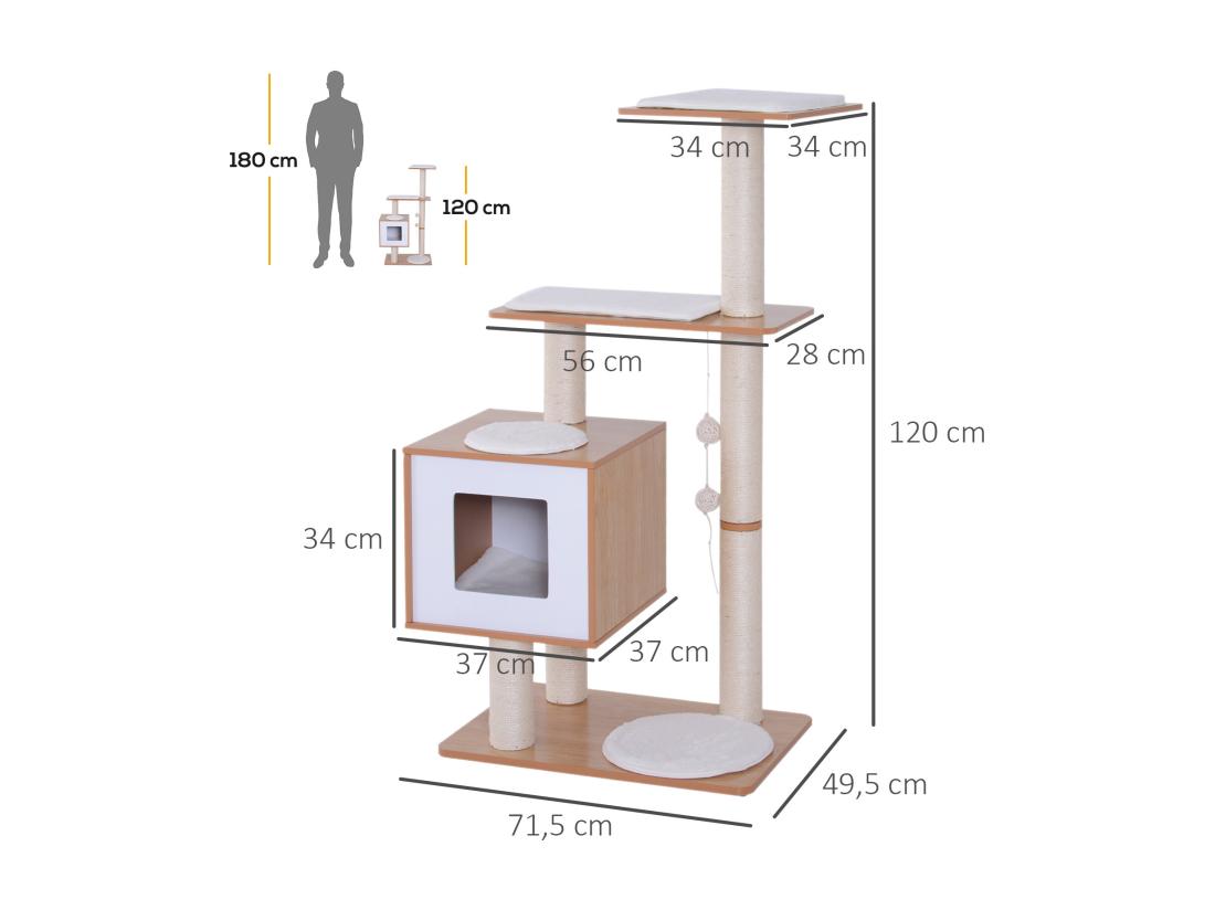 Vente Unique Arbre à Chats Design Contemporain Griffoirs Grattoirs Sisal Naturel Centre D'activités Niche Plate-formes Jeu Boules Suspendues 71L X 49l X 120H Cm MDF Hêtre Clair