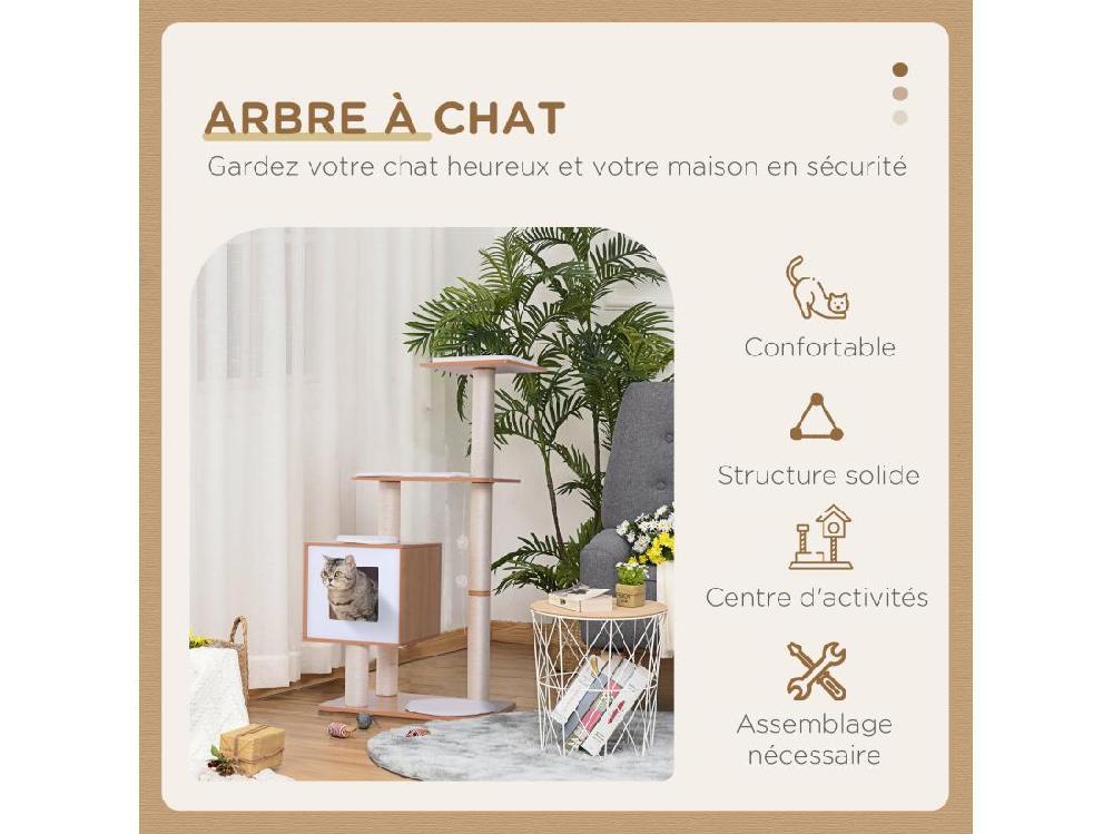 Vente Unique Arbre à Chats Design Contemporain Griffoirs Grattoirs Sisal Naturel Centre D'activités Niche Plate-formes Jeu Boules Suspendues 71L X 49l X 120H Cm MDF Hêtre Clair