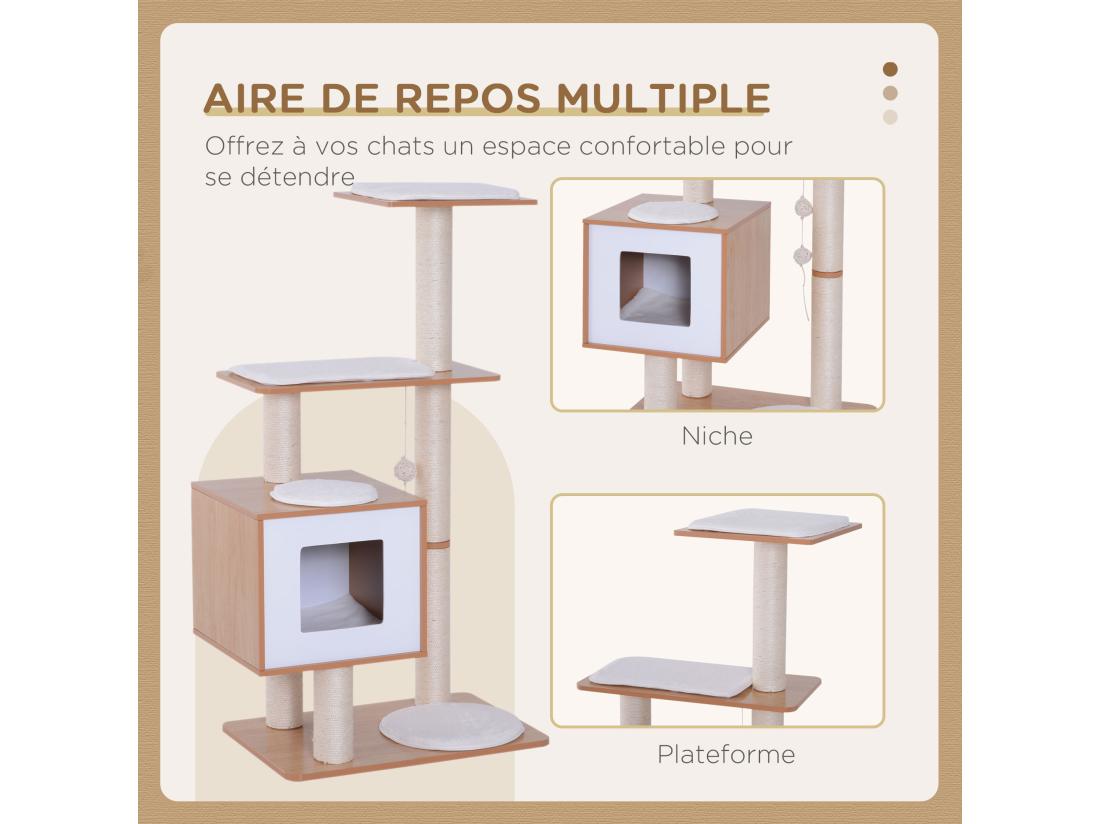 vente unique Arbre à chats design contemporain griffoirs grattoirs sisal naturel centre d'activités niche plate-formes jeu boules suspendues 71L x 49l x 120H cm MDF hêtre clair