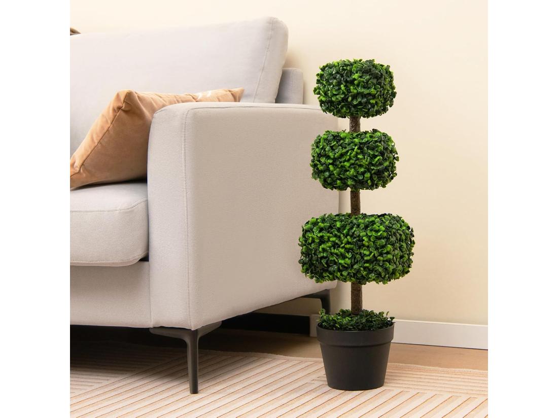 Vente Unique Arbre Topiaire En Buis Artificiel 75 Cm De Forme Triple Carrée Fausse Plante De Buis Avec Pot En Plastique Rempli De Ciment Pour Décoration De Maison Bureau Jardin Et Entrée