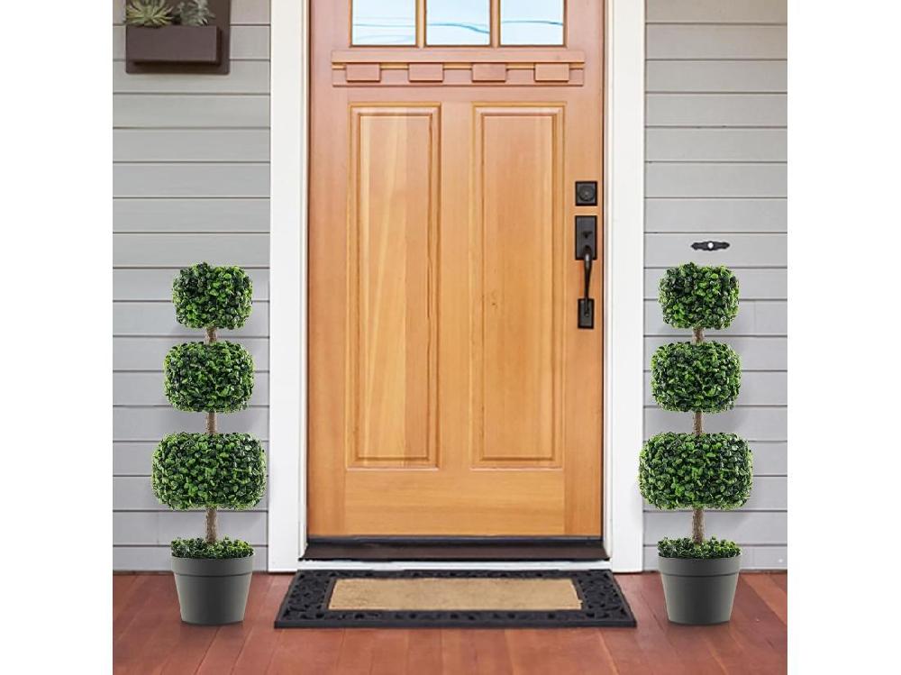 Vente Unique Arbre Topiaire En Buis Artificiel 75 Cm De Forme Triple Carrée Fausse Plante De Buis Avec Pot En Plastique Rempli De Ciment Pour Décoration De Maison Bureau Jardin Et Entrée