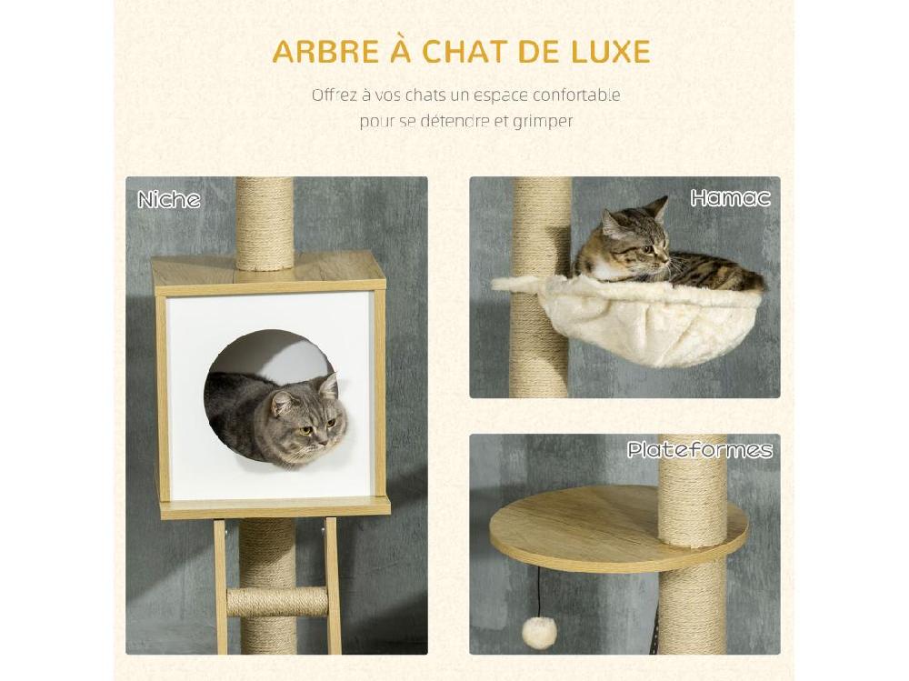 Vente Unique Arbres à Chat 2 Pièces Style Nordique - Hauteur Réglable 225-285H Cm - Multi-équipement - Panneaux Aspect Chêne Clair Jute
