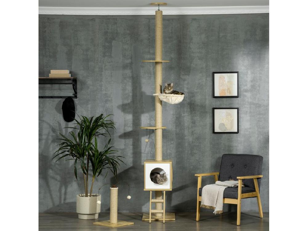 Vente Unique Arbres à Chat 2 Pièces Style Nordique - Hauteur Réglable 225-285H Cm - Multi-équipement - Panneaux Aspect Chêne Clair Jute