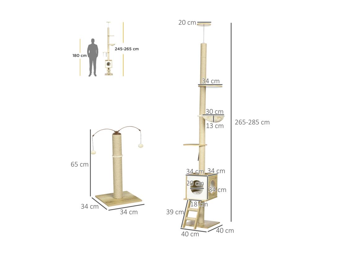 vente unique Arbres à chat 2 pièces style nordique - hauteur réglable 225-285H cm - multi-équipement - panneaux aspect chêne clair jute