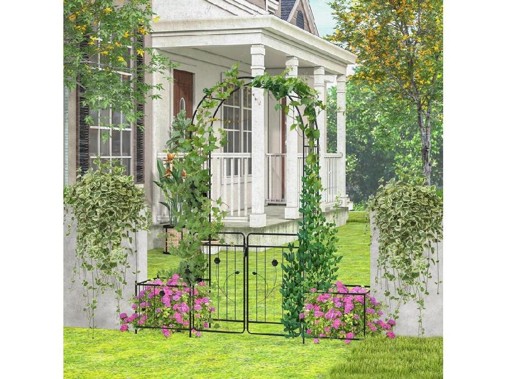 Vente Unique Arche De Jardin De 220 Cm Avec 2 Bacs Jardinière Et Treillis Pergola Avec Tubes Métalliques Portail Verrouillable Décoration Pour Mariage Fête