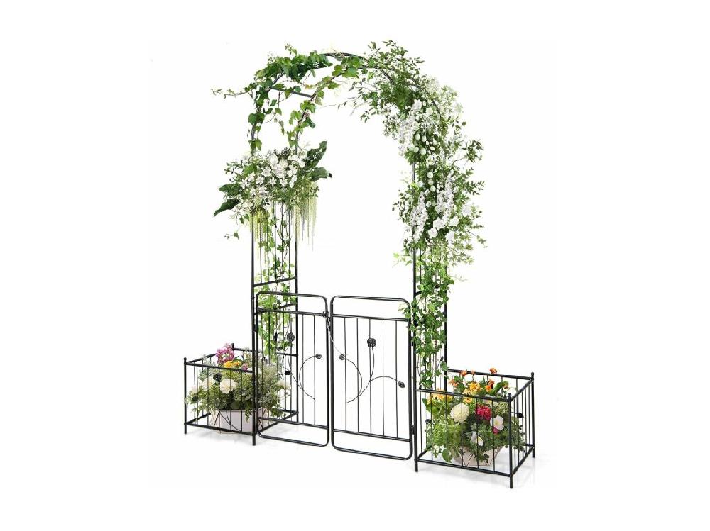 vente unique Arche de Jardin de 220 cm avec 2 Bacs Jardinière et Treillis Pergola avec Tubes Métalliques Portail Verrouillable Décoration pour Mariage Fête