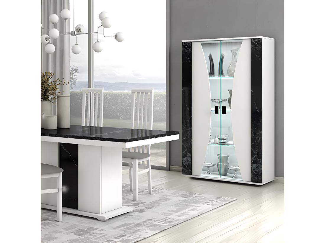 Vente Unique ARIANE - Vitrine 2 Portes Blanc Eclairage Led Intégré Avec Décor Latéral Aspect Marbre Noir
