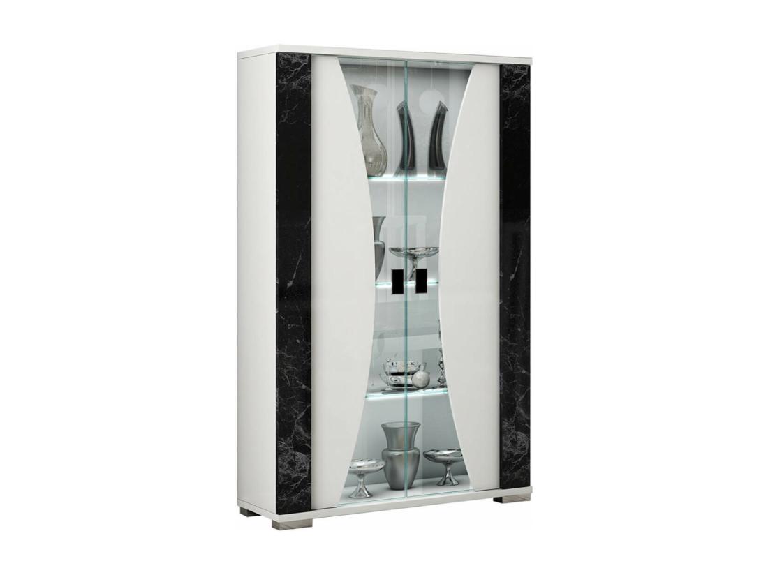 vente unique ARIANE - Vitrine 2 Portes Blanc Eclairage Led intégré avec Décor Latéral Aspect Marbre Noir
