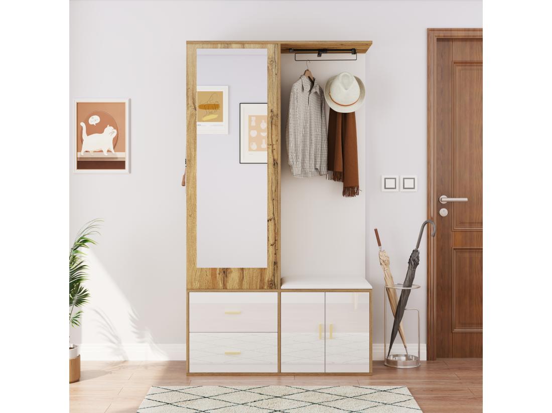 Vente Unique Armoir 100x38x108.1cm - Avec Miroir - Avec Meuble à Chaussures - Avec Crochets Et Cintres Rétractables - Blanc + Naturel