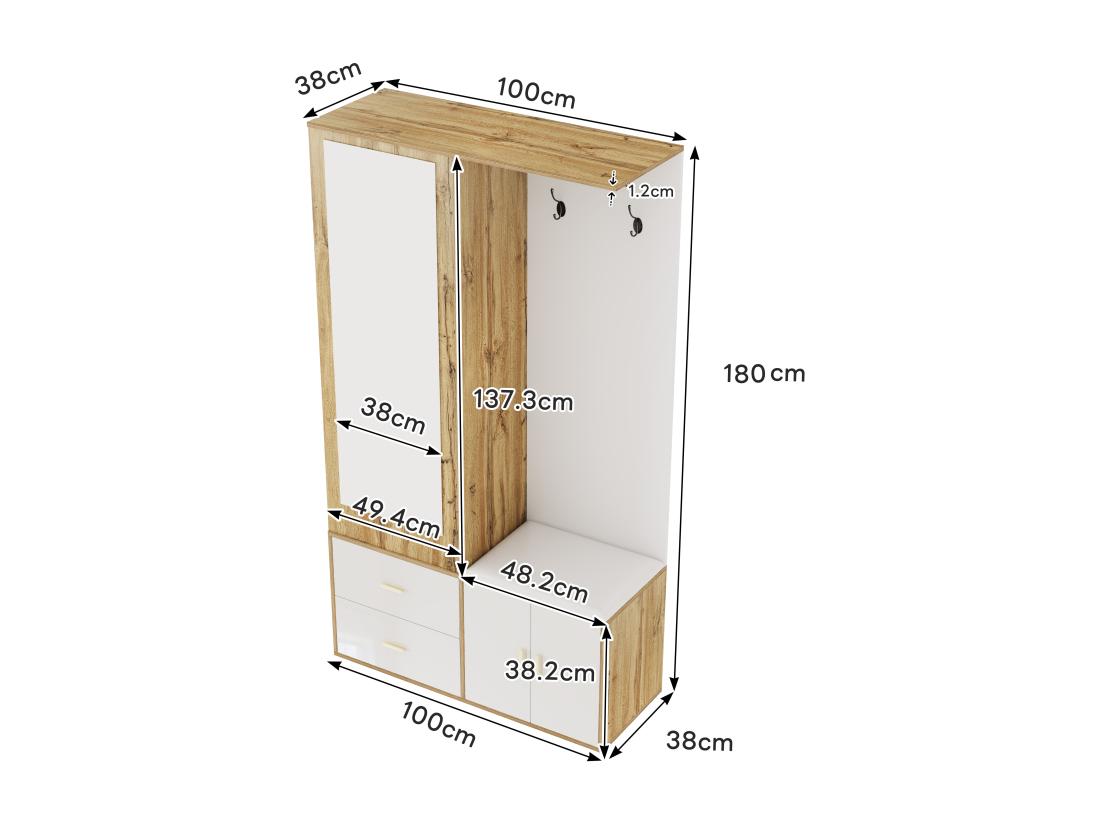 Vente Unique Armoir 100x38x108.1cm - Avec Miroir - Avec Meuble à Chaussures - Avec Crochets Et Cintres Rétractables - Blanc + Naturel