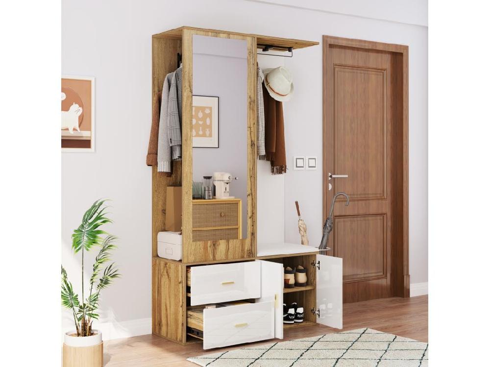 vente unique Armoir 100x38x108.1cm - Avec miroir - Avec meuble à chaussures - Avec crochets et cintres rétractables - Blanc + Naturel